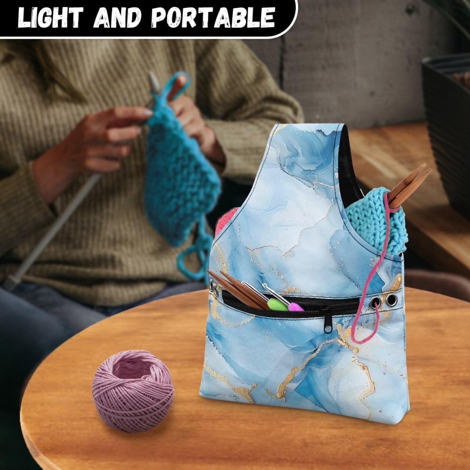 Portable Yarn Carrier Crochet Yarn Storage Bag - Sky Blue Knitting Organizer With Multiple Pockets For On-the-Go Crafting Craft Storage Bag
