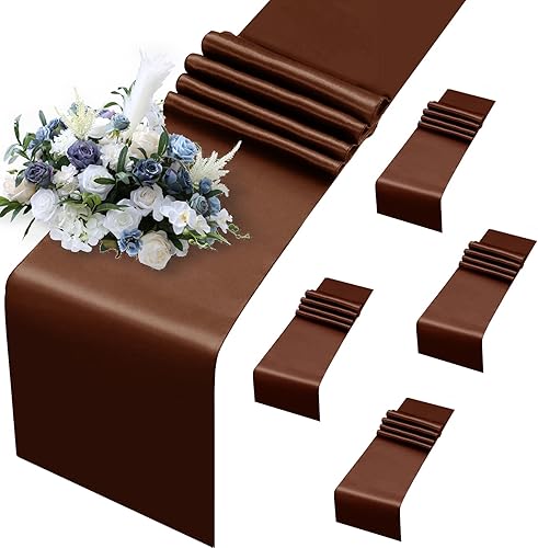 Paquete de 5 caminos de mesa de satén marrón chocolate, 12 x 108 pulgadas, camino de mesa de seda satinada brillante, tela suave, camino de mesa