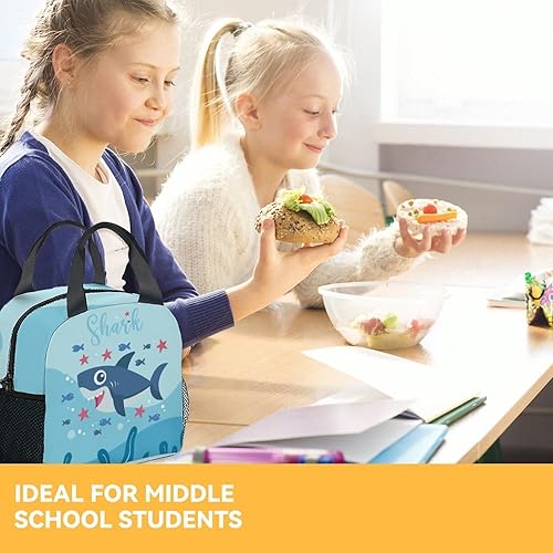 Miniatura 7 de Lonchera con diseño de tiburón para niños, pequeñas loncheras aisladas, bonita lonchera reutilizable para mujeres, lonchera plegable azul para la