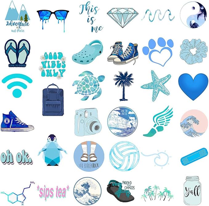 amazon com blue green stickers for water bottles 51 pcs cute vsco trendy waterproof sticker for hydroflasks laptop phone luggage skateboard aesthetic vinyl decal for girls kids teens 51 pack blue green electronics