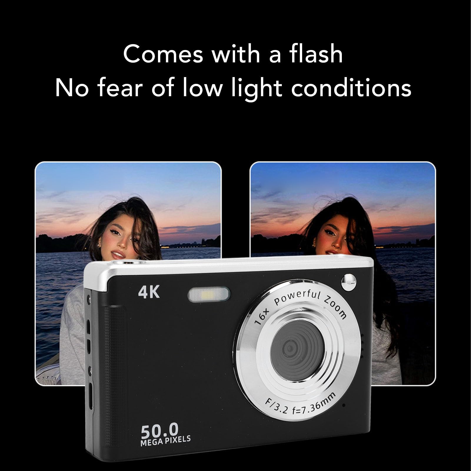 Camera Digitale 4K, Fotocamera Vlogging a Fuoco Automatico da 50 MP con Luce di Riempimento Zoom 16x, Punto Compatto e Scatta per YouTube (BLACK)