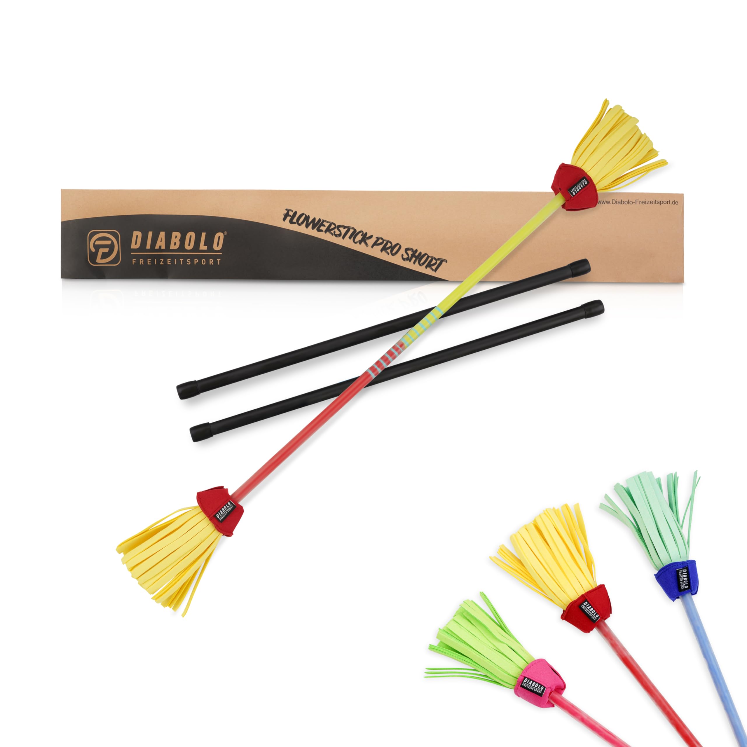 Diabolo Freizeitsport Flowerstick Pro Short (amarillo-rojo) – palo corto de fibra de vidrio con 2 palos, reactivo UV, pintado a mano, ideal para avanzados y profesionales