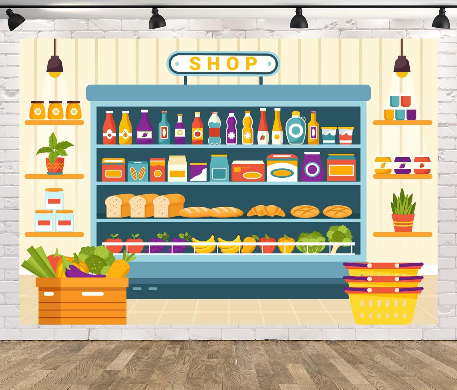 BELECO 6x3m Telo sfondo negozio di alimentari | Scaffale supermercato verdure frutta bevande sfondo tema shopping decorazione compleanno accessori foto
