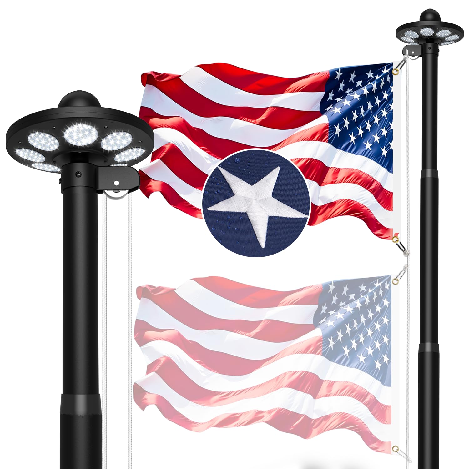 10 Gauge Flag Pole Kit with Light Solar Powered, 120 MPH Heavy Duty Flagpole Hardware for Outside House In Ground Use, Black 20FT with One 3x5 Flag