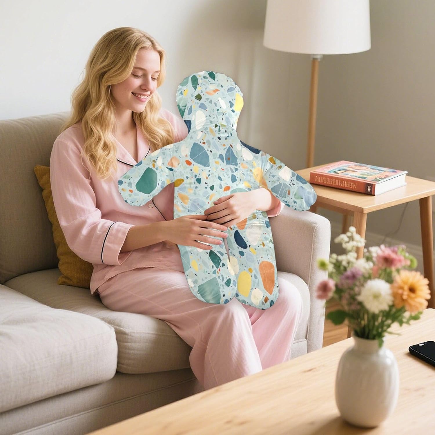 Marble Texture Human-Shaped Pillow Soft Body Pillows Washable Velvet Pillows for Anxiety Relief Sleeping Cuddling & Support
