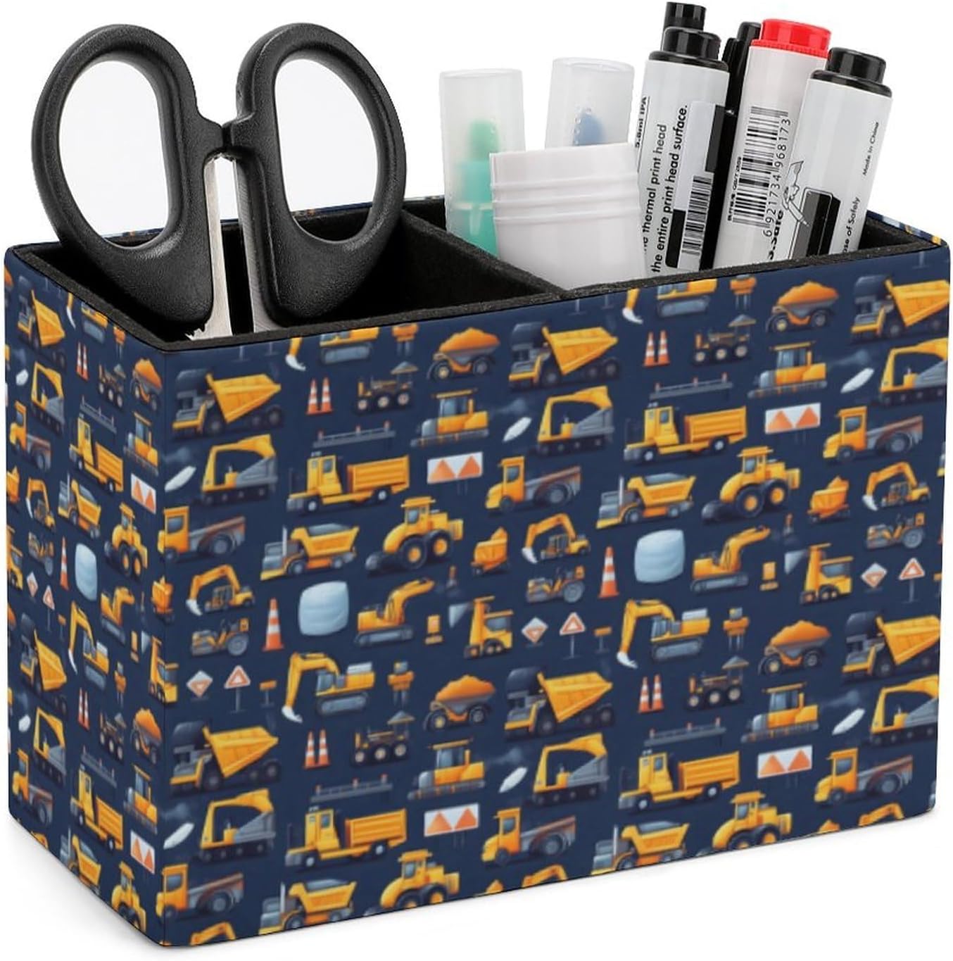 Pen Holder for Desk Aesthetic - Digger Roadblock Dozer Print Decorative Pencil Holder for Desk, Leather 2 Compartments Pen Organizer Stand Accessories for Classroom, Home, Office Decor