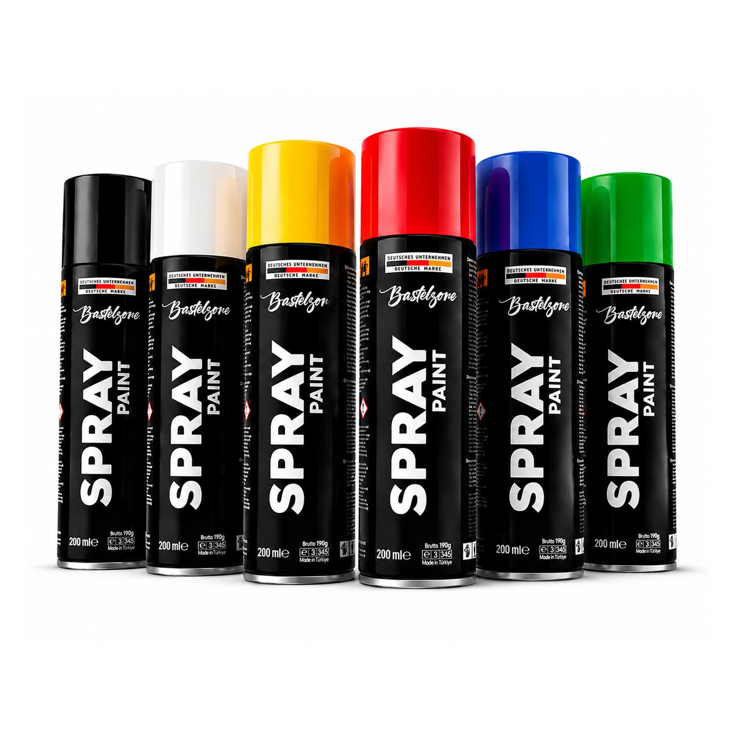 Zestaw farb w sprayu, 6 kolorów, 200 ml, każda szybkoschnąca puszka w sprayu graffiti do drewna, kamienia, metalu, szkła, czarny, biały, niebieski, zielony, czerwony, żółty