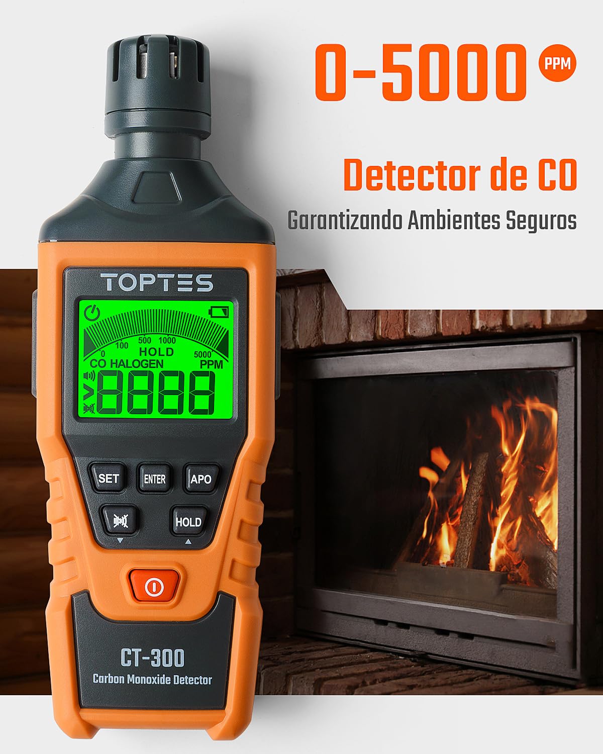 Detector de Monóxido de Carbono TopTes CT-300, Detector de CO con Alarma Visual y Sonora, 0-5000PPM, Alarma de CO, Pantalla LCD para Hogar, Coche, Camping y Viajes (Incluye 3 Pilas) - Naranja