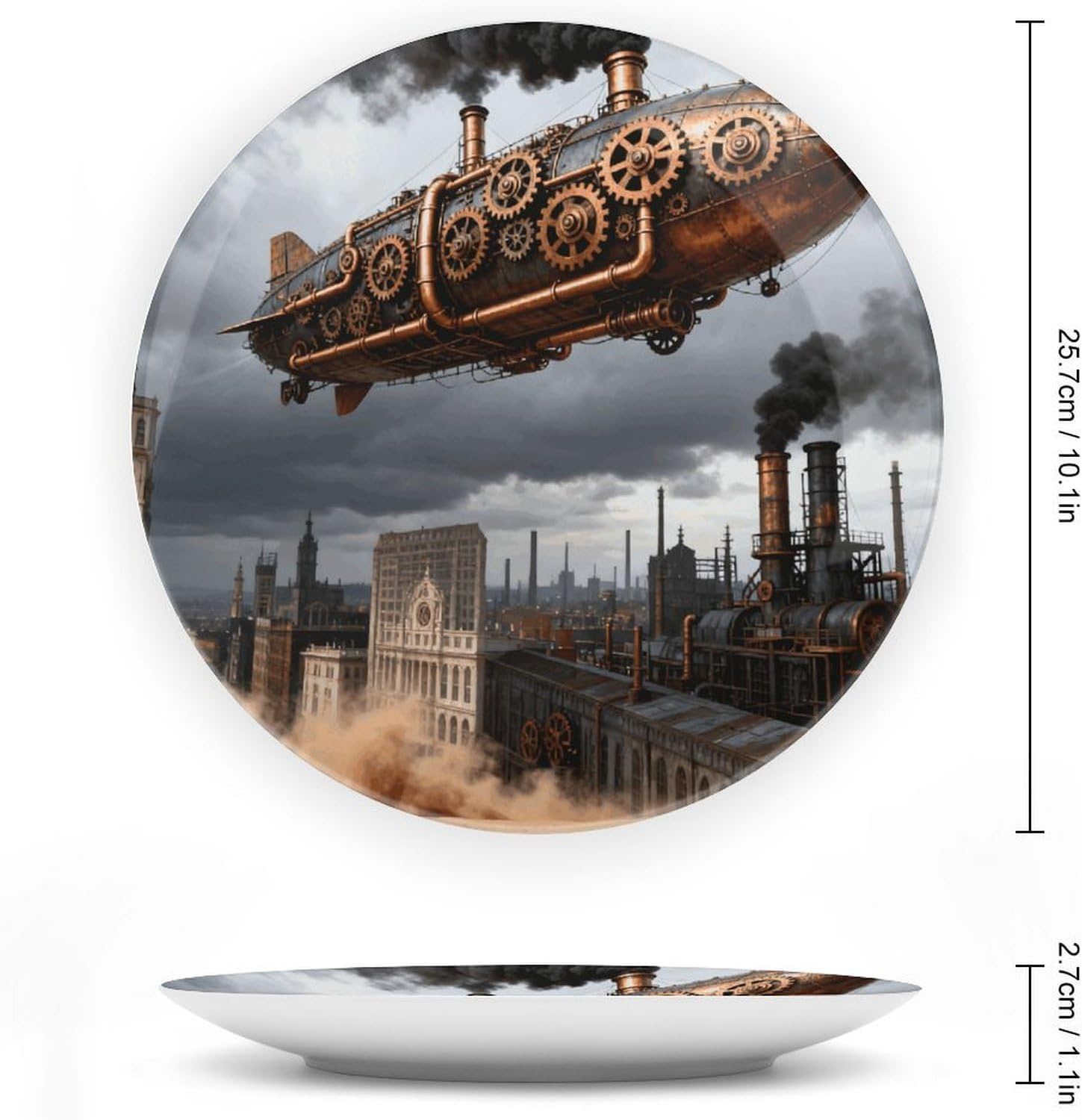 Mechanical Airship Decorative Plates Bone China Plates with Stand for Display 10inch Round Ceramic Dinner Plates Dessert Plate for Kitchen Party Coffee Table Decor Art