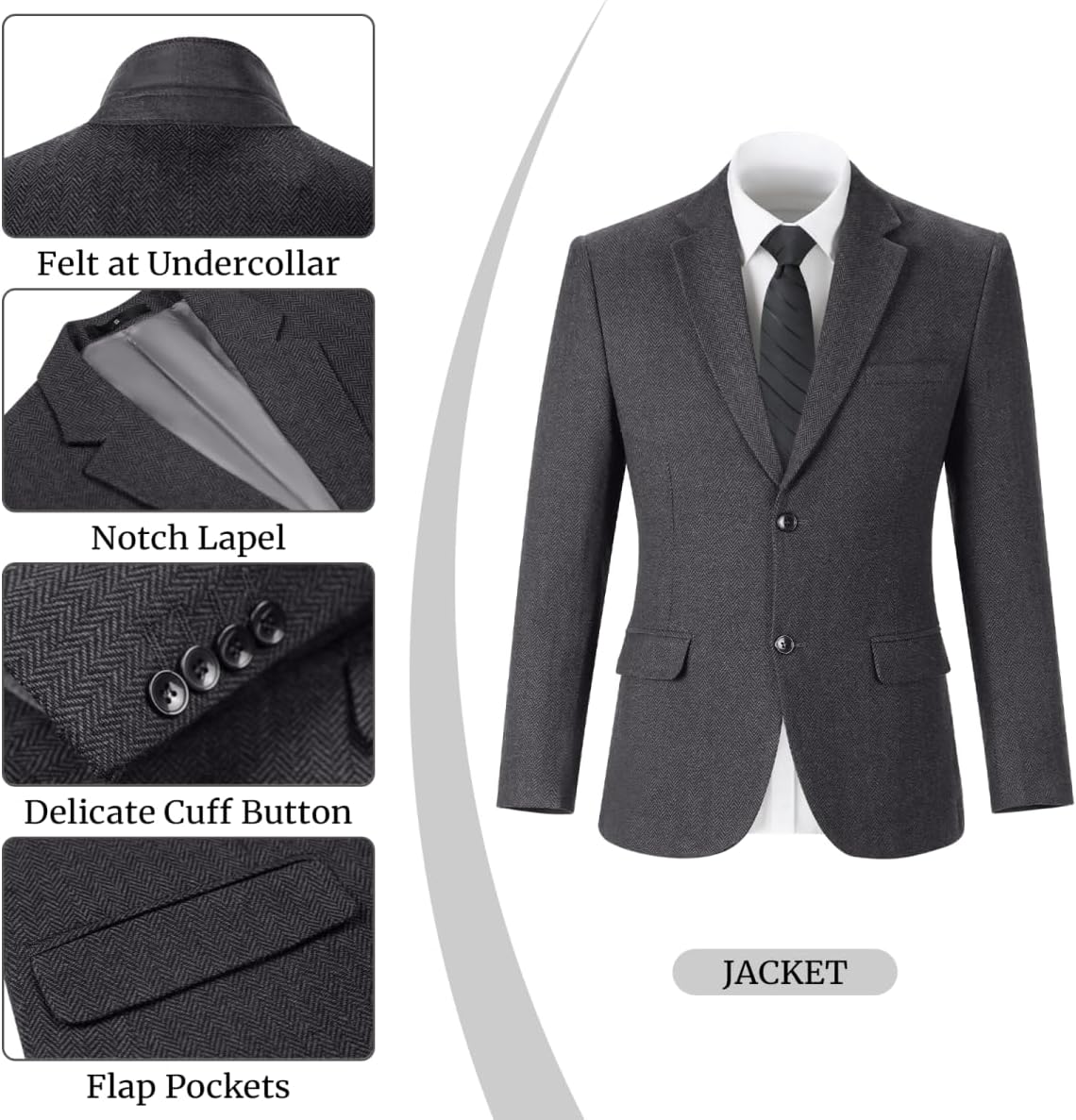 Men Suits 3 Piece Herringbone Tweed Suit for Men Slim Fit Suit Jacket Vest Pants Set Formal Wedding Tuxedos