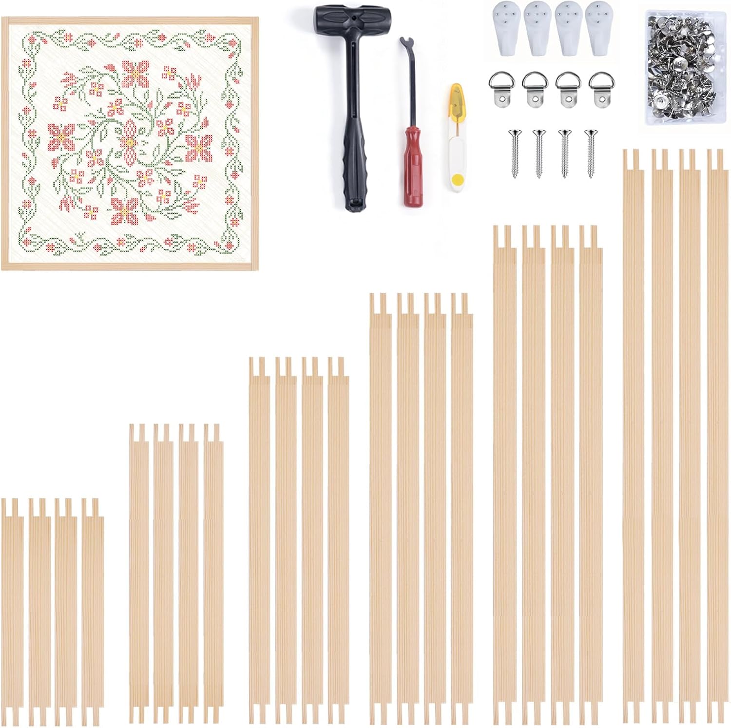 24 Pcs 6 Sizes Needlepoint Stretcher Bars Set, Wooden Canvas Stretcher Bars for Needlework with 100 Tacks, Rubber Mallet, Scissors, Tack Remover & Wall Hooks, Embroidery Cross-Stitch Frame Kit