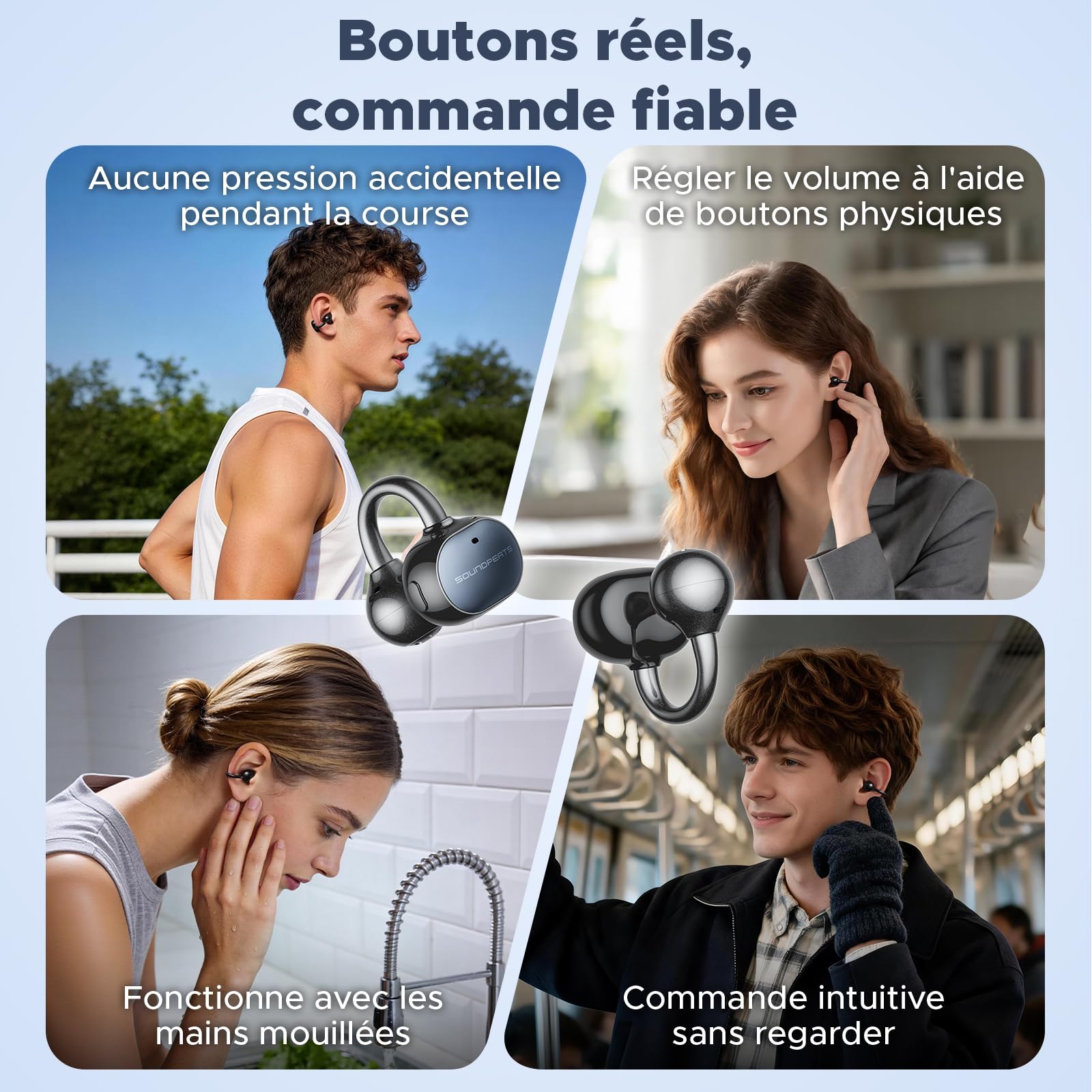 SoundPEATS UU2 écouteurs Bluetooth Ouverts,Touches physiques, Amplification des Basses | BT6.0,Haut-parleurs dynamiques de 12 mm à double aimant, LDAC,Hi-Res Audio, 4 MIC ENC, 42H d'autonomie, IPX5,Port confortable