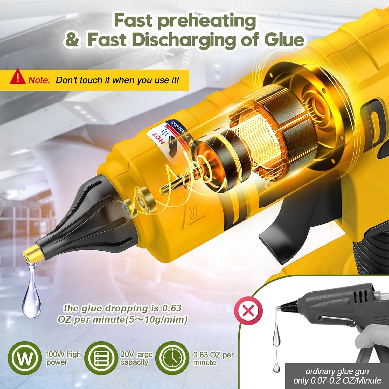 Pistolet à colle chaude sans fil 100 W pour batterie DeWalt 20 V (sans batterie), kit de pistolet à colle chaude sans fil pleine taille avec 12 grands bâtons de 1,1 cm pour travaux manuels et