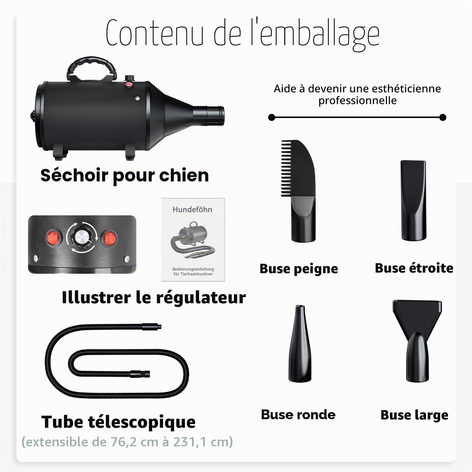 Pulseur pour Chien Blower Professionnel Souffleur Chien Silencieux 3000W réglable - Souffleur de Soins avec 4 Buses différentes et Tuyau élastique,Bleu ciel