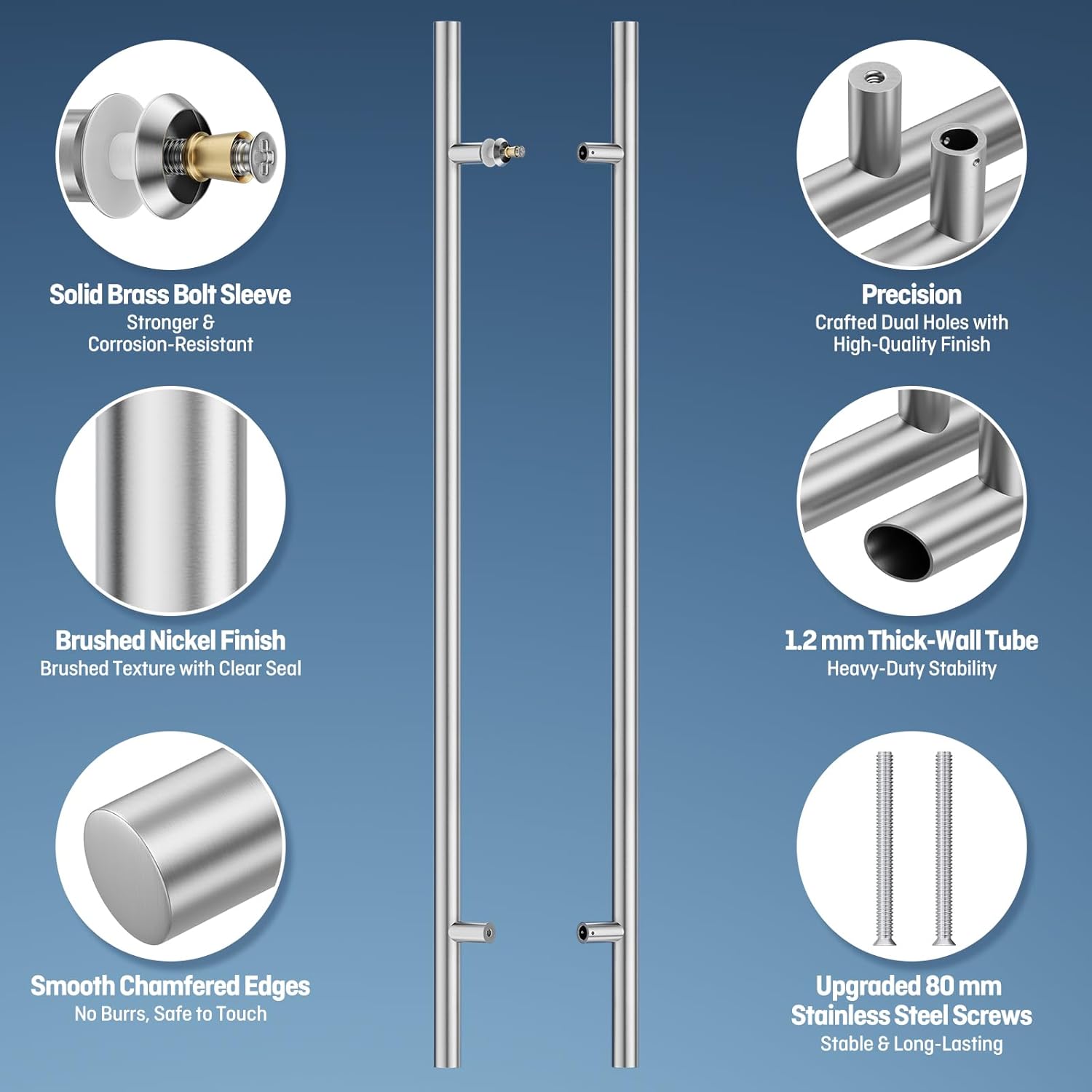 Ranbo Ladder Style 48" Large Push Pull Door Handle, 900mm (35-7/16 inch) CTC, Anti-Fingerprint, Heavy Duty 1.2mm Thick 304 Stainless Steel for Barn, Front, Commercial, Entrance Doors, Brushed Nickel