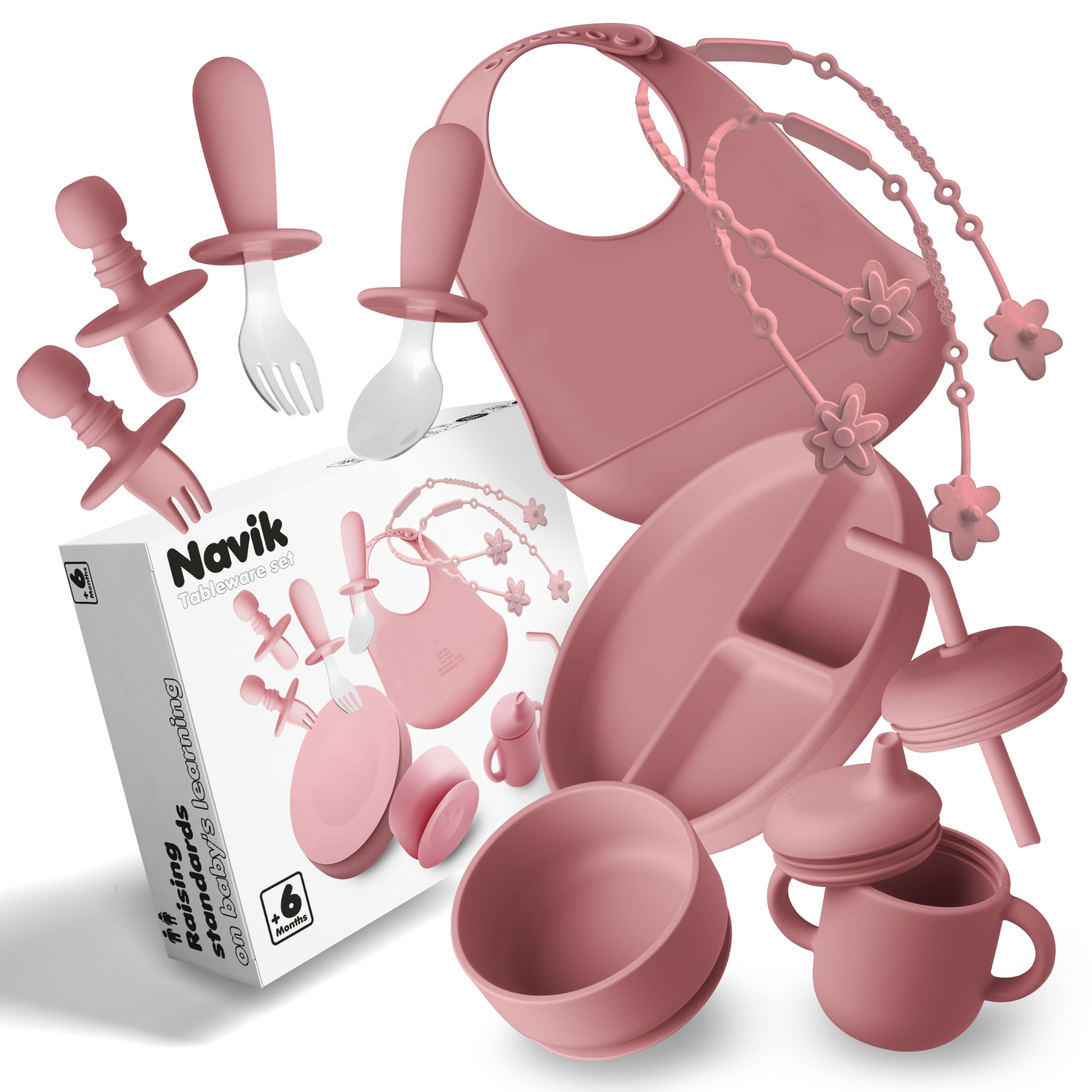 Navik | Coffret repas bebe 12 pièces | Assiette ventouse pour bébé | Tasse apprentissage bebe | Bol et bavoir | Couverts bébés | Rose