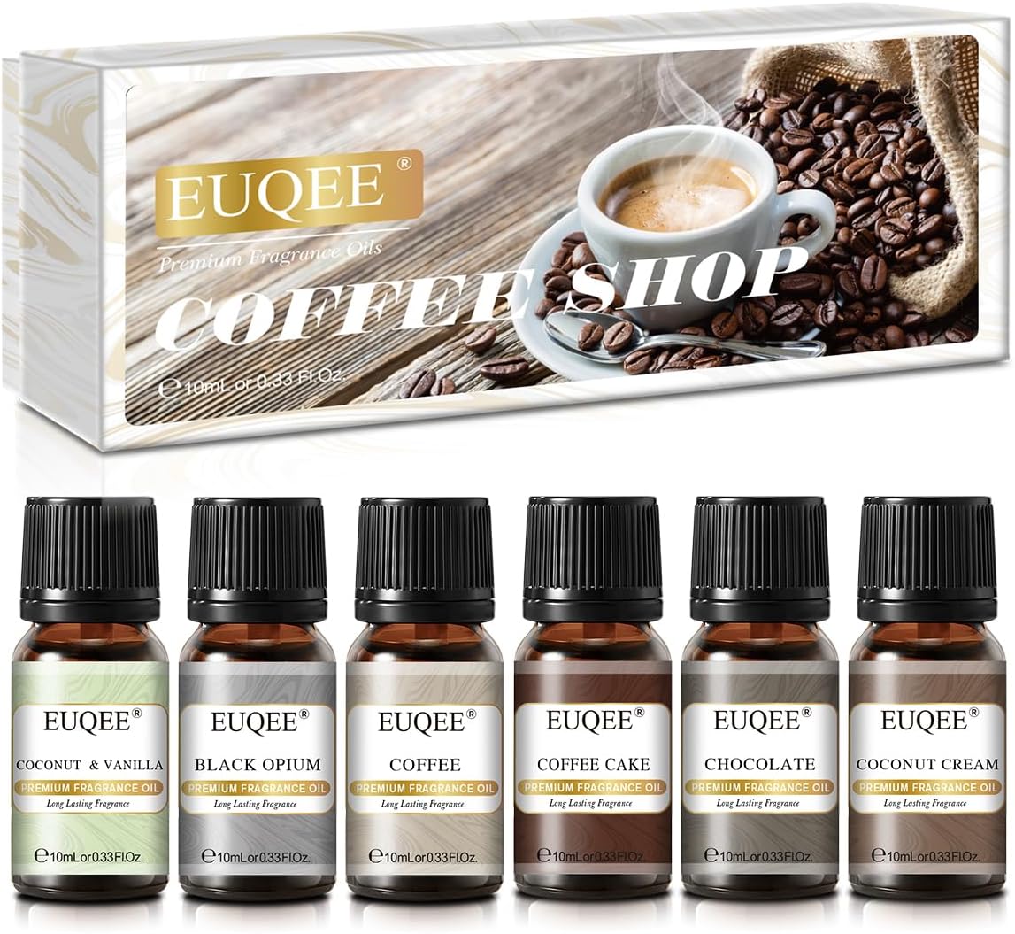 EUQEE 6PCS Coffee Fragrance Oil Set(10ml), Premium Fragrance Essential Oils Set for Candle Making, Diffuser-Coffee, Chocolate, Cake, Coconut Cream, Coconut & Vanilla