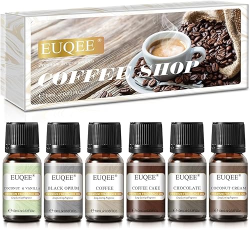 EUQEE Juego de 6 aceites aromáticos de café (0.3 onzas líquidas), aceites esenciales de fragancia prémium para hacer velas, difusor, café,