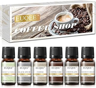 EUQEE 6PCS Coffee Fragrance Oil Set(10ml), Premium Fragrance Essential Oils Set for Candle Making, Diffuser-Coffee, Chocolate, Cake, Coconut Cream, Coconut & Vanilla