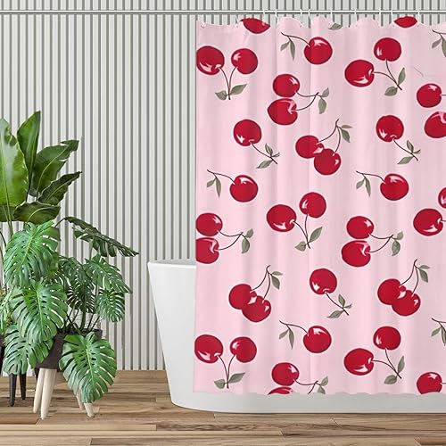Miniatura 2 de KOMIKU Juego de cortina de ducha estética de frutas con diseño floral de cereza rosa, decoración de baño de frutas de verano, de poliéster, lona