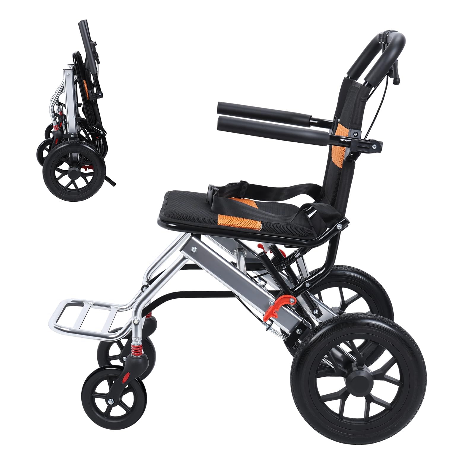Silla de ruedas plegable ligera, silla de viaje portátil con bomba de absorción de golpes y correa de seguridad ajustable, soporta 80 kg