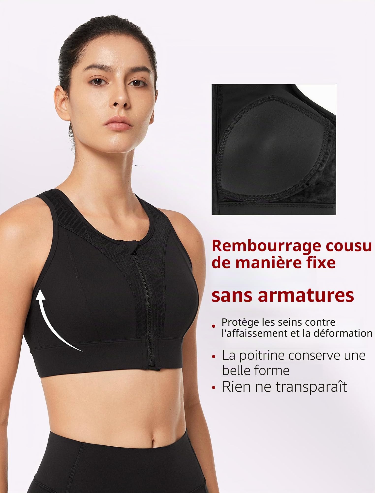 Yvette Brassière Sport Rembourrée Femme Dos Nageur Zip Avant Soutien Gorge de Sport Maintien Fort Grande Taille