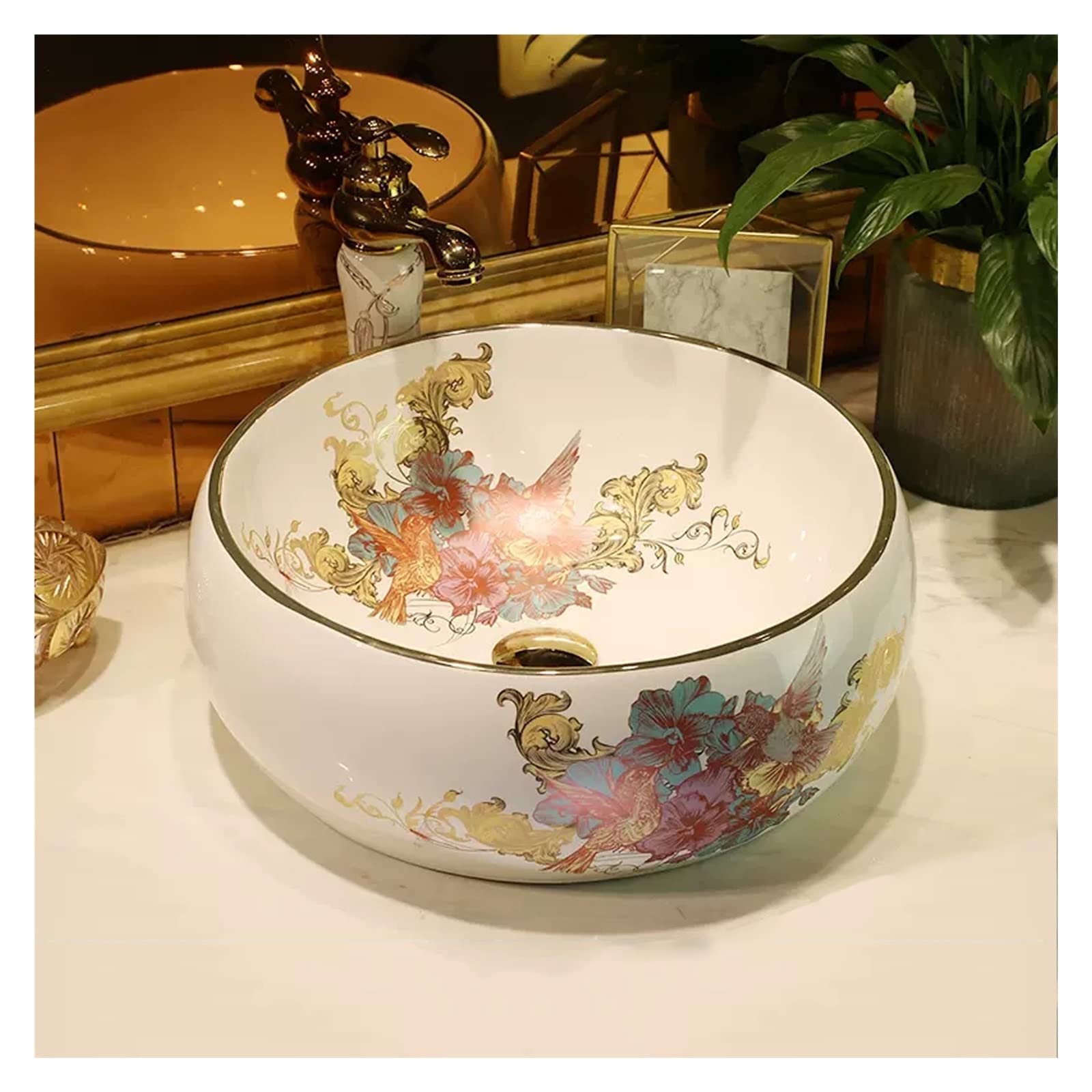 WOTZOV Exquisite Vessel Sink And Faucet Combo,Bathroom Artistic Porcelain Ceramic Bowl Art Basin With Pop Up Drain,