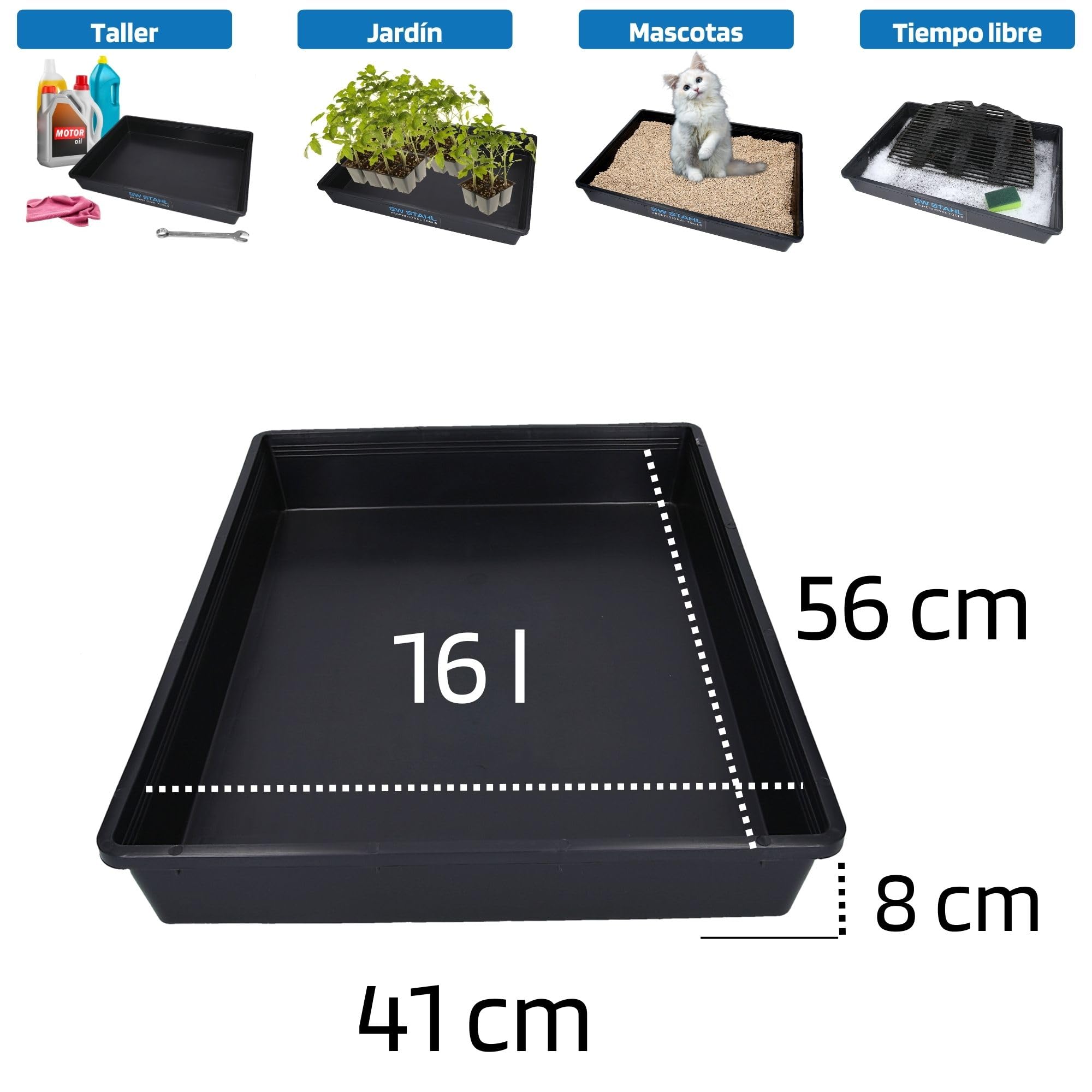 SW-Stahl 07376L Bandeja colectora universal, 56 x 43 x 8,5 cm, gran bandeja de plástico, 16 litros de capacidad, fabricada en Alemania