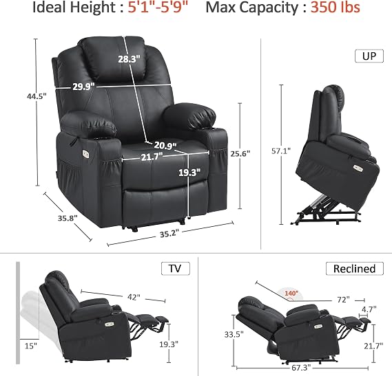 MCombo Power Lift Recliner Chair for Elderly, Lift Chair with Heat and Massage, FSC Certified, USB Ports, Cup Holders, Faux Leather 7040 (Black, Medium)