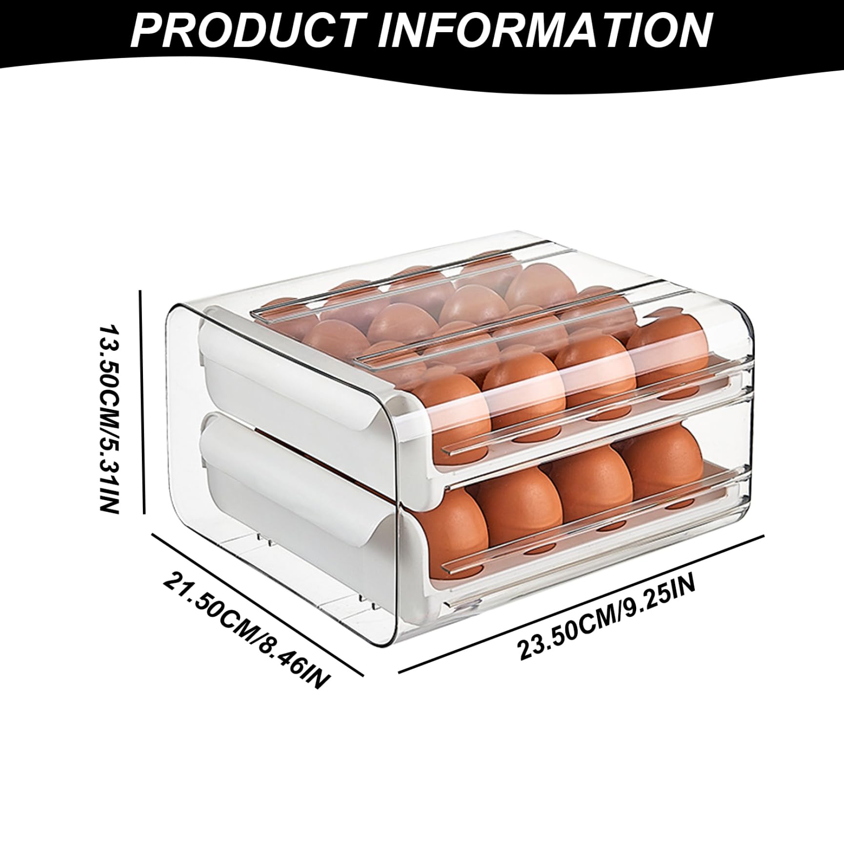 Almacenamiento de huevos para el refrigerador, 2 capas 32 cuadrículas de huevo con manijas, recipiente de almacenamiento de plástico transparente apilable y ahorrable para el refrigerador.
