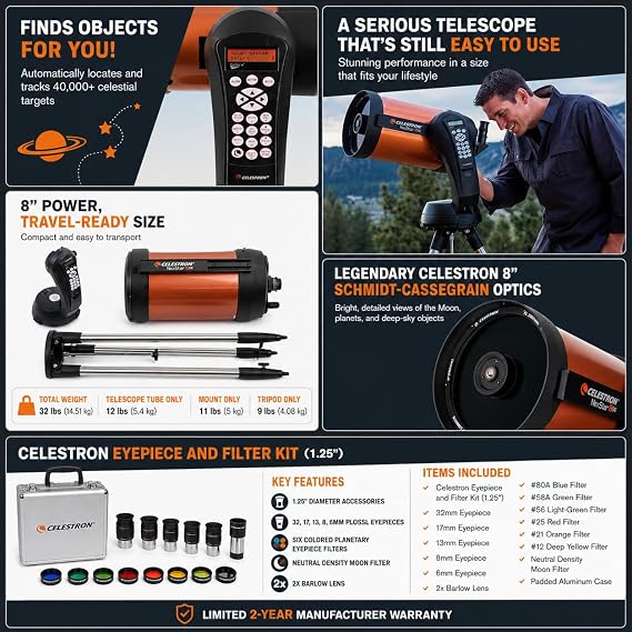 Celestron NexStar 8SE 8 Schmidt-Cassegrain Computerized GoTo Telescope with SkyAlign, StarBright XLT, 40,000+ Object Database, 1.25 Eyepiece & Filter Kit,