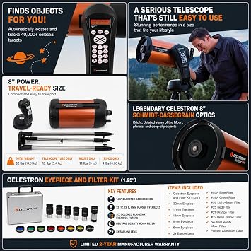 Celestron NexStar 8SE 8 Schmidt-Cassegrain Computerized GoTo Telescope with SkyAlign, StarBright XLT, 40,000+ Object Database, 1.25 Eyepiece & Filter Kit,