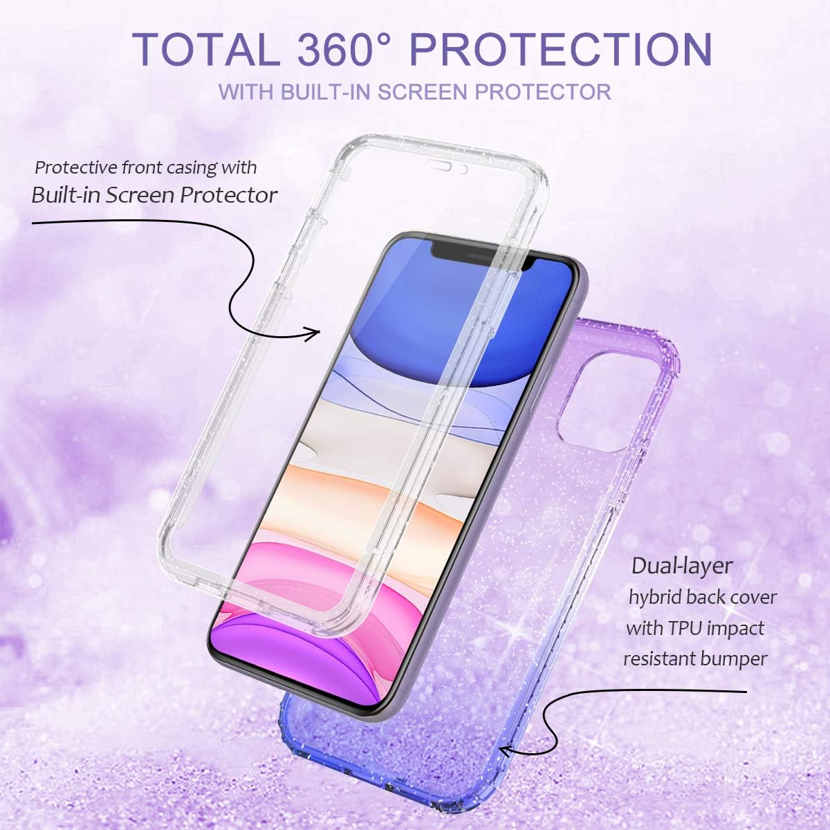 Casetego Compatible with iPhone 11 Case,360 Full Body Dual Layer Slim Crystal Transparent Case with Built-in Screen Protector for Apple iPhone 11 6.1 inch,Gradient Purple Blue