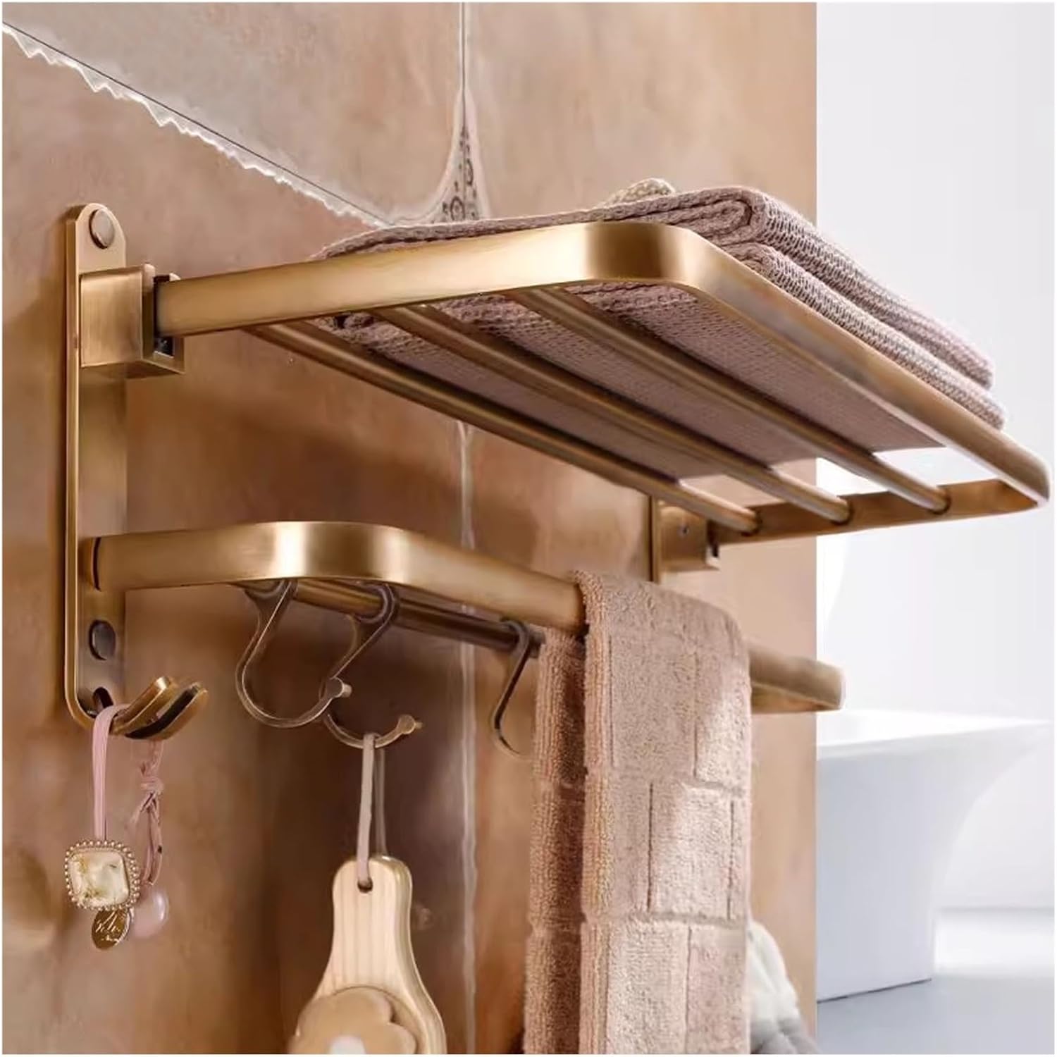 Antique Bronze Towel Racks for Bathroom Lavatory,Wall Mounted Hand Towel Holder with Towel Bar and Hooks,Foldable Towel Shelf Rustproof Aluminium Towel Hanger,Bathroom Kitchen Hardware Acces