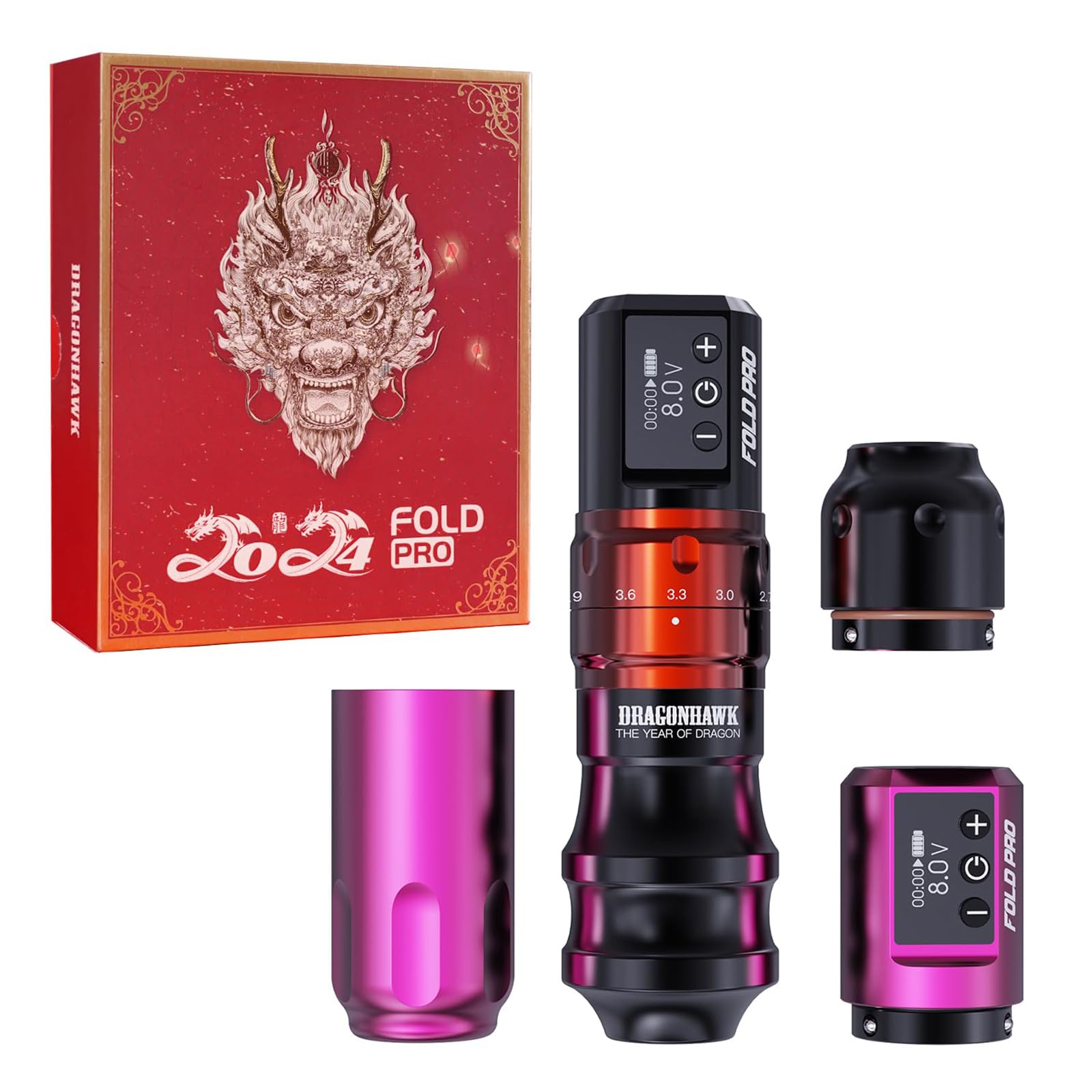Dragonhawk Fold Pro – Tattoo Maschine Kabellose Rotations Tätowiermaschine Year of Dragon Edition mit Akku & verstellbarem Hub (2,4–4,2 mm)