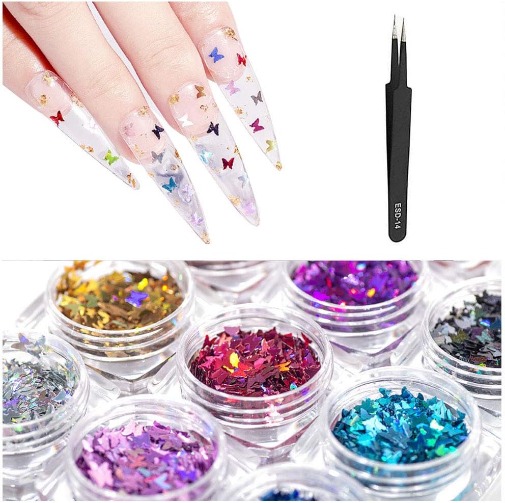 ZeroZ 12 Colors Butterfly Nail Glitter Flakes Sequins DIY Nail Art Manicure Holographic Decoration Decals Christmas Nails Art Accessories