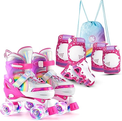 SULIFEEL Patines de unicornio arcoíris para niños con equipo de protección ajustable, rosa, talla S, M