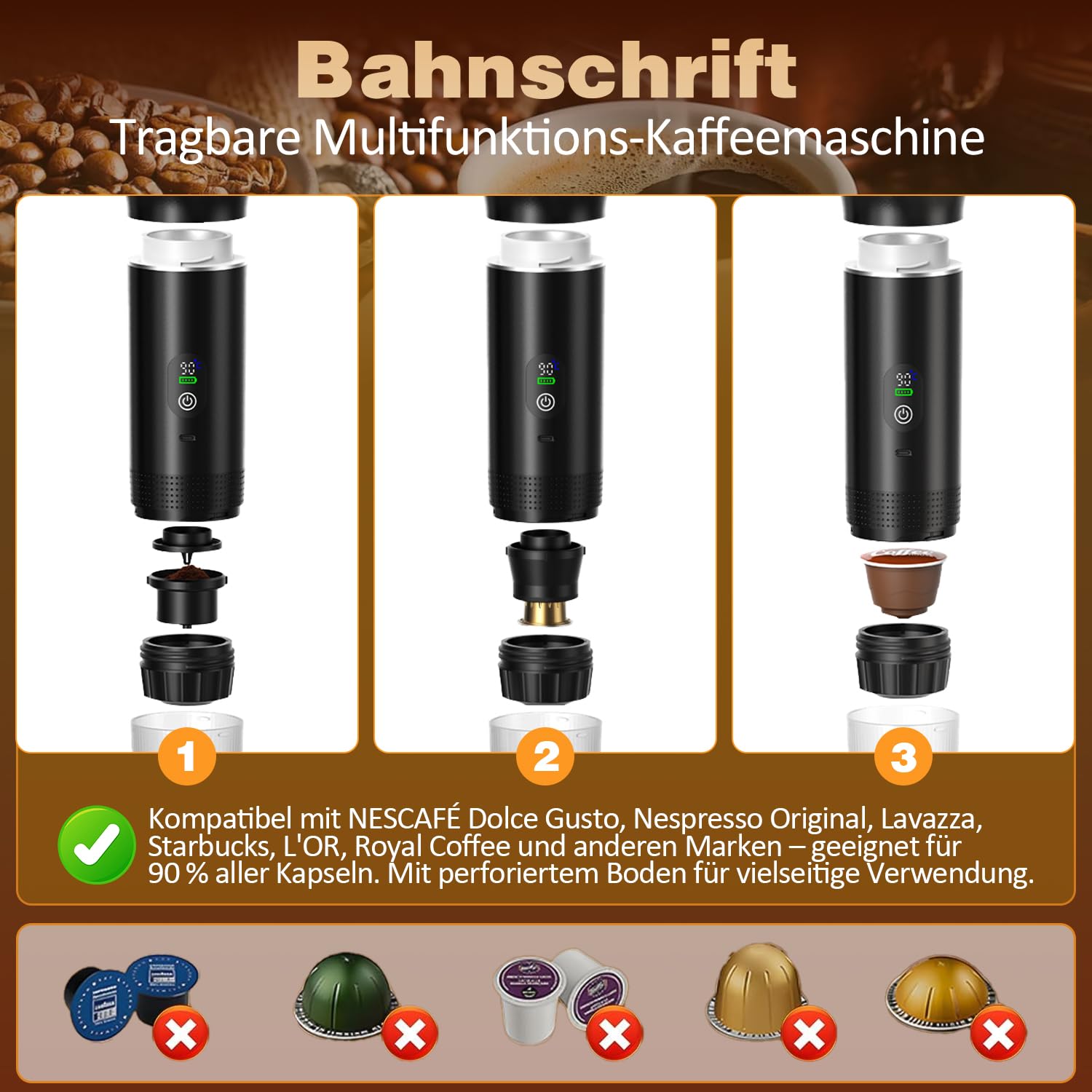 Tragbare Espressomaschine 3-in-1, Mini Kaffeemaschine mit Akku & Selbstheizung, Portable Espresso Machine USB Wiederaufladbar, Kompatibel mit Kapseln Gemahlenem Kaffee, fürAuto, Camping, Reisen & Büro
