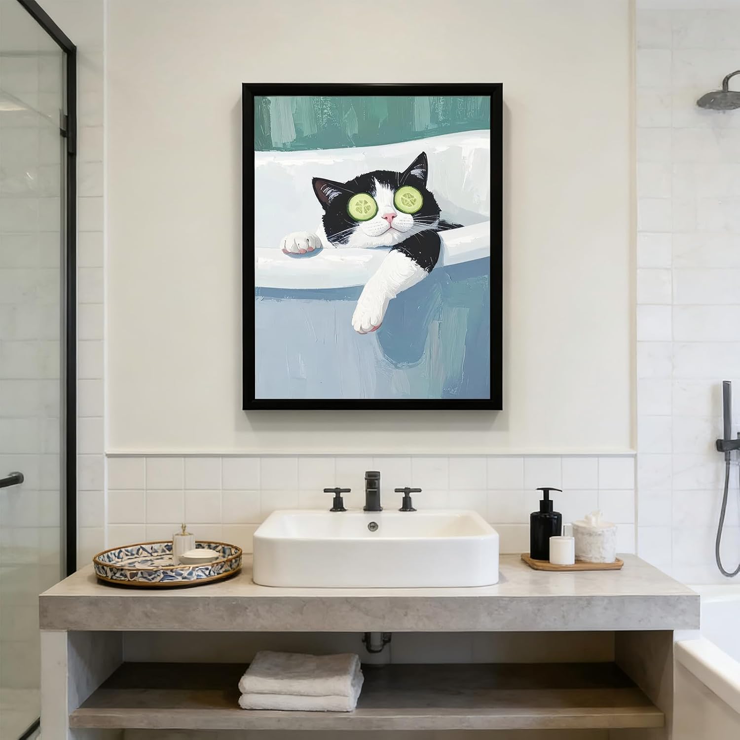 Kabcod Funny Black and White Cat Bathroom Wall Art, Modern Cute Cat in Bathtub Painting Wall Decor, Whimsical Animal Bathroom Poster, Humorous Animals Canvas Prints Pictures 12x16 inch