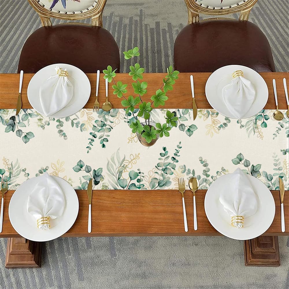 Runner Da Tavola Bonhause Con Stampe Di Foglie Di Eucalipto, 33x183 Cm. Elegante, In Poliestere Lavabile, Perfetto Per Decorare La Casa In Primavera.