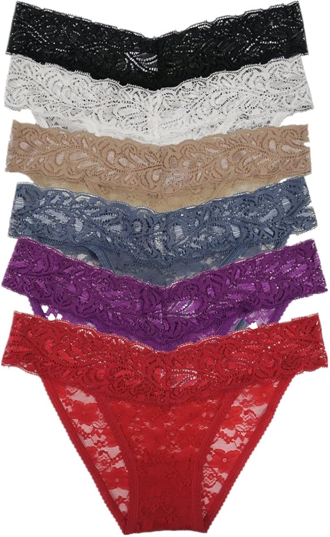 Women 6 Pack Solid Color Lace Bikini Panties (L, Assorted) at Amazon