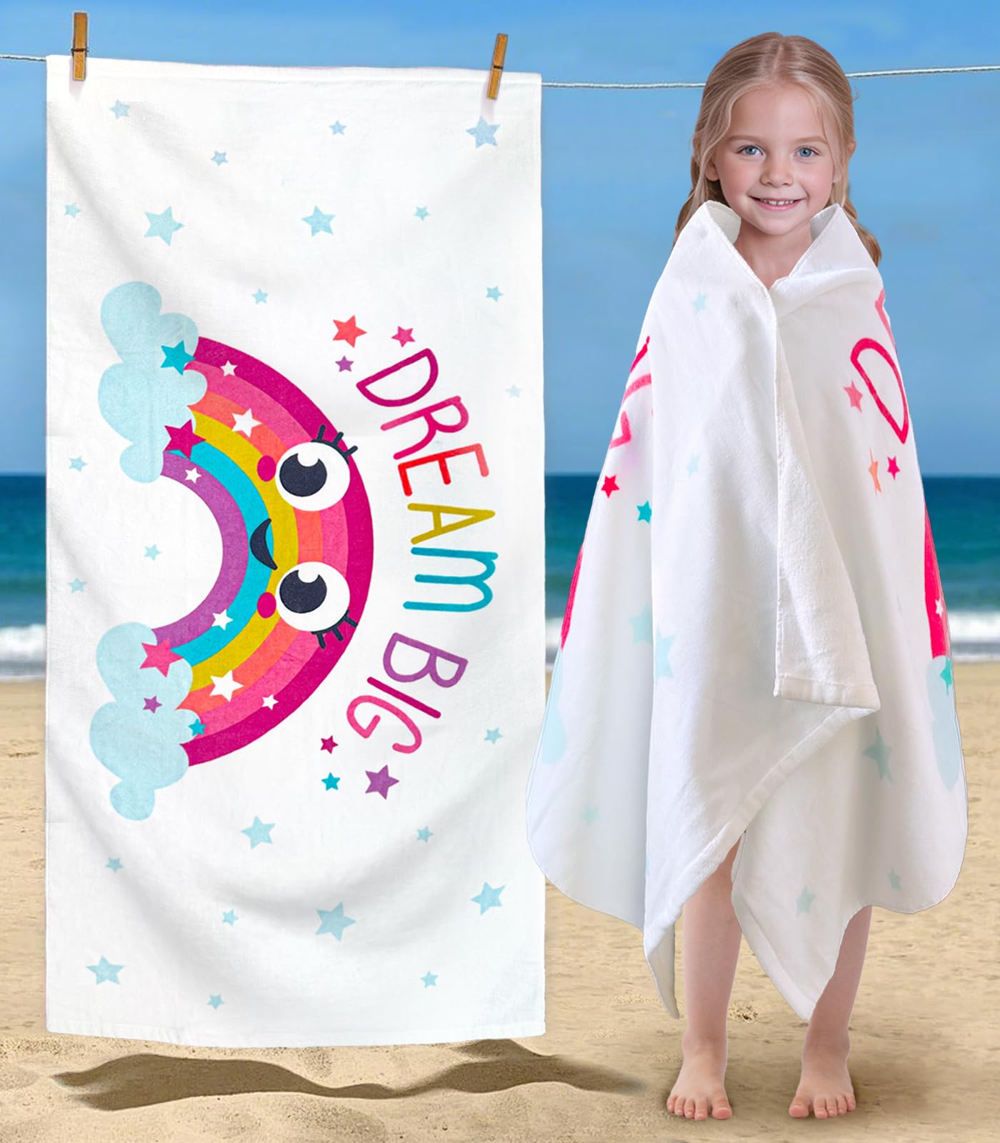 VOOVA & MOVAS Rainbow Beach Towel for Kids - Large Cotton Towel (28x57 inches,4-12yrs) for Boys, Girls, Ideal for Beach, Swim, Pool, and Bathroom - White Rainbow
