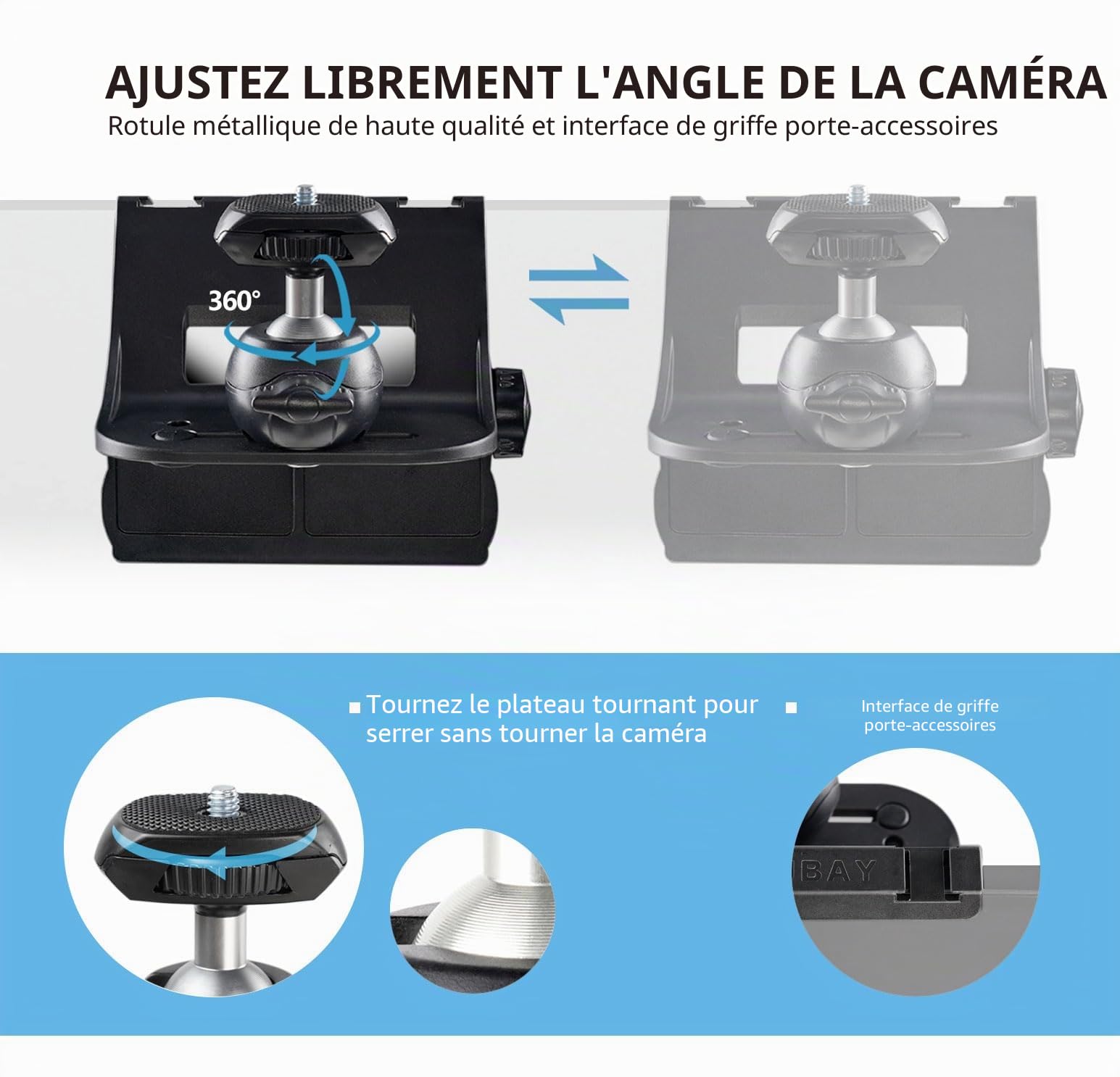 RAUBAY CM-01 Support de Fixation pour caméra avec vis 6,35 mm pour Diffusion en Direct, vidéoconférence, Youtube, TikTok, etc