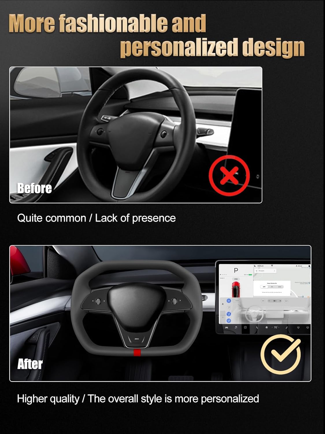 ZIMABLUE Cyber Truck Steering Wheel With Red Stripe for Tesla Model 3 Accessories 2017-2023, For Tesla Model Y accessories 2020-2024, Black Microfiber Leather With Heating Function