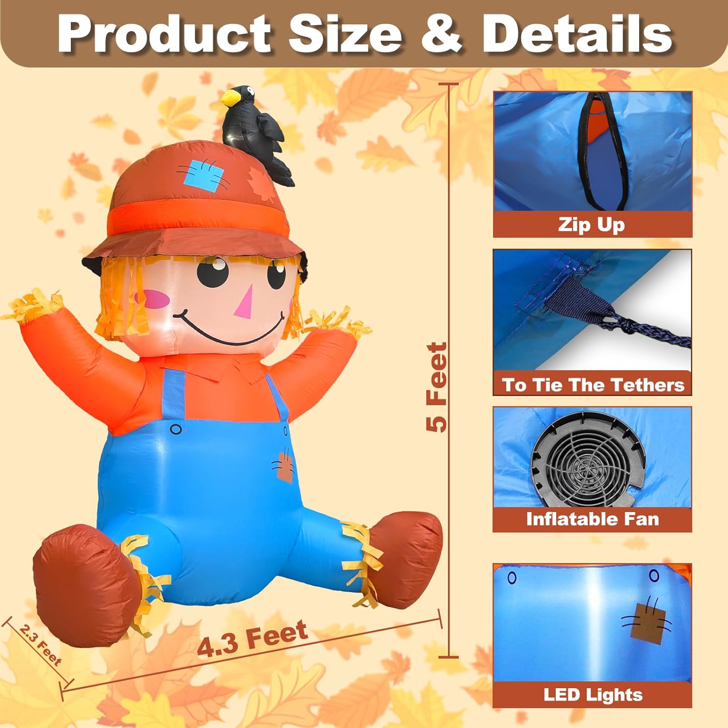 TURNMEON 5FT Fall Thanksgiving Inflatables Outdoor Decorations, Inflatable Scarecrow with Crow Blow Up Yard Decorations Built-in LED Halloween Fall Harvest Thanksgiving Decorations Outdoor Garden Lawn