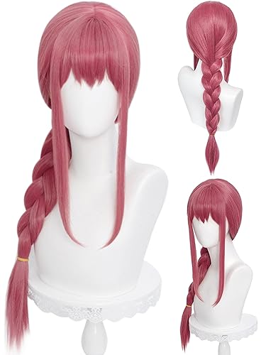 Long Rose Red Pink Braid Wig with Bangs Anime Red Cosplay Wig 27.5'' Synthetic Hair for Women Halloween Costumes Party - Red
