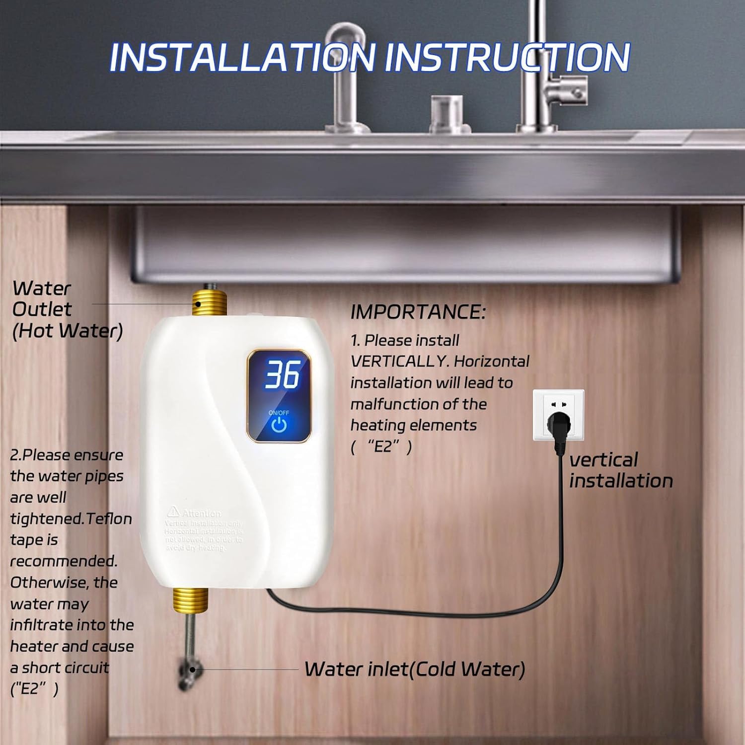 Chauffe-Eau Électrique Sans Réservoir 3500W,220V Chauffe-Eau Électrique Sous Évier, Avec Écran Numérique,Ballon Eau Chaude,Pour Cuisine,Salle De Bain,Économe Et Sûr (Blanc)