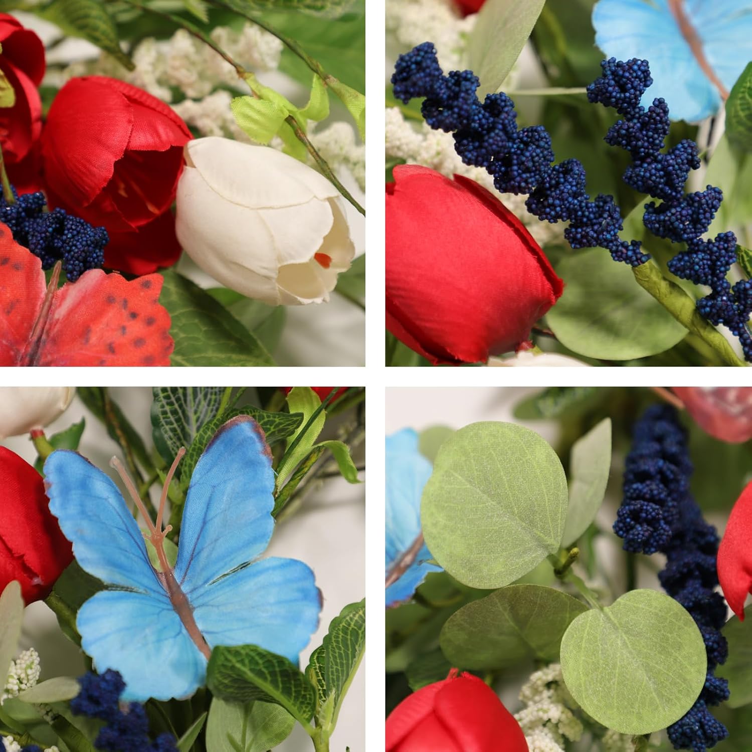 20 Inch 250th Anniversary USA Patriotic Wreath with Blue Butterfly, 4th of July Independence Day Memorial Day Front Door Decor with Red White Blue Tulips, Eucalyptus Patriotic Wreaths for Home
