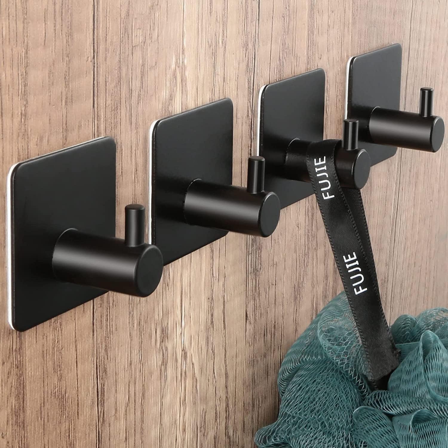 2 Pack Black Towel Holder, Self Adhesive Hooks, Wall Mounted, Brushed Stainless Steel, Stick on Hooks for Bathroom, Kitchen, Tea Towels