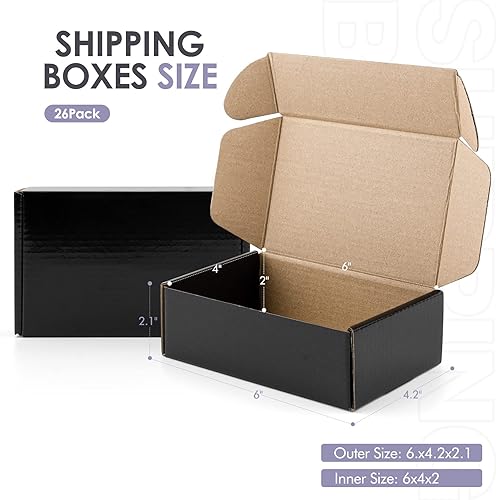 Miniatura 2 de Golden State Art, Cajas de envío negras de 6 x 4 x 2 pulgadas, paquete de 26 cajas de correo de cartón corrugado para pequeñas empresas, con bloqueo